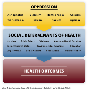This Racial Health Equity chart consists of three categories: oppression, social determinants of health, and health outcomes. The chart explains that systems of oppression that enable xenophobia, classism, homophobia, ableism, transphobia, sexism, racism, and ageism can impact social determinants of health, such as housing, public safety, and violence, leading to poorer health outcomes for oppressed populations.. 