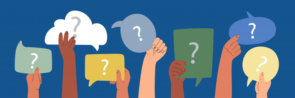 Illustrated hands holding question marks